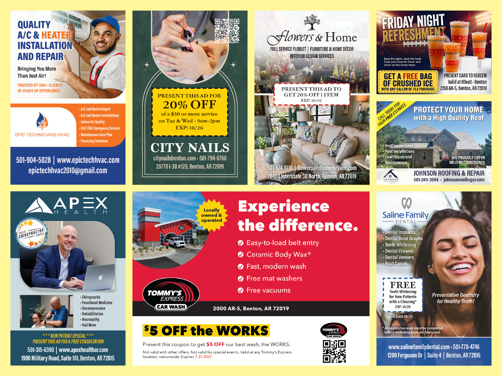 Back of the September 2026 Saline Local Spotlight postcard, filled with ads from local businesses