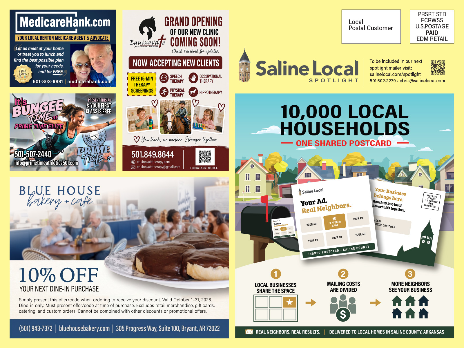 Front of the September 2026 Saline Local Spotlight postcard, with the Saline Local logo, postage indicia, and ads from local businesses